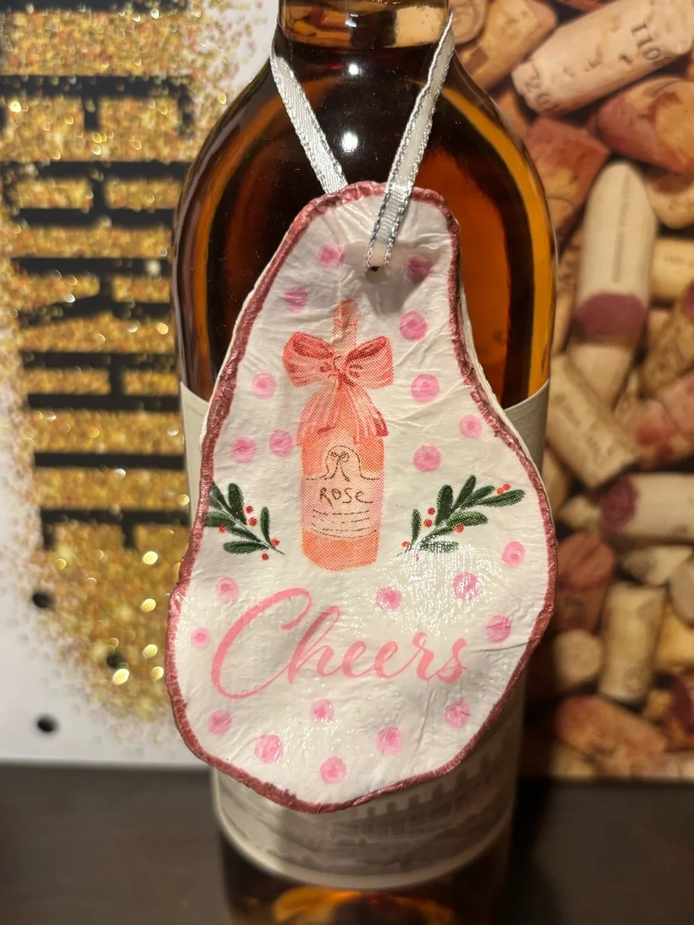 Handmade rosé decoupage shell ornament. Rosé all day.!